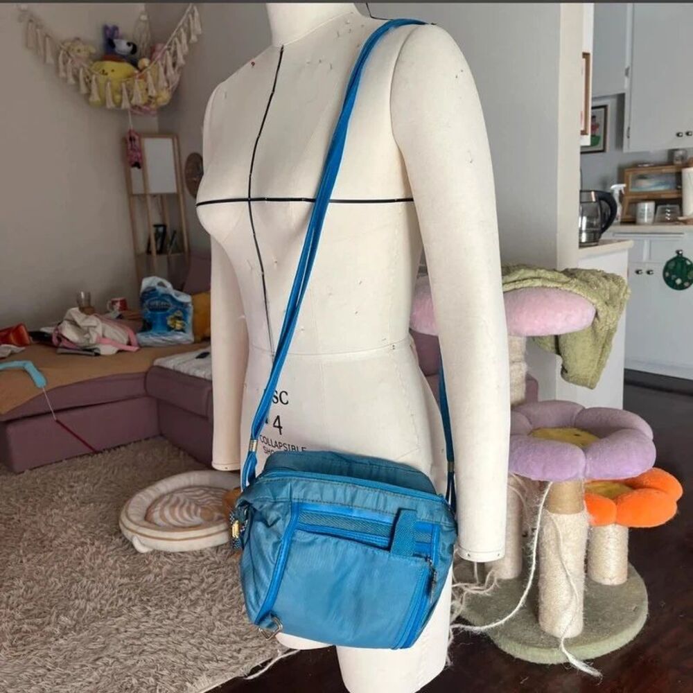 Blue nylon crossbody bag multi pocket Y2K style with pouch
